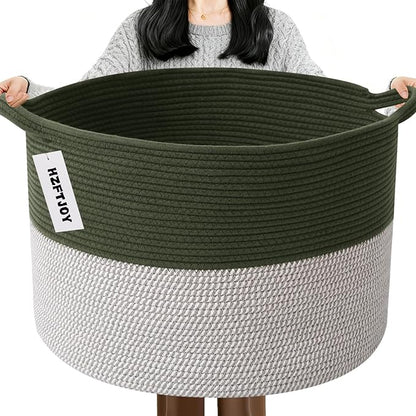 115L Extra Large Blanket Basket,Woven Rope Laundry Basket Hamper with Handles, Decorative Nursery Basket Storage Bin for Toys, Clothes Organizer, Living Room, Bedroom, Bathroom, Green&White