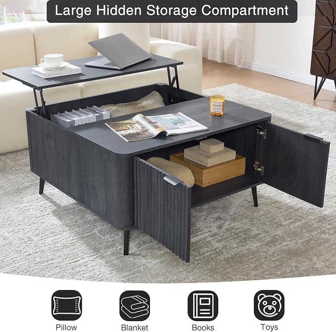 Fatmok Large Lift Top Coffee Table with Hidden Compartment, 35.4" Wide Oversized Square Coffee Table with Storage, Mid Century Modern Fluted Center Table for Home Living Room, Black Grey
