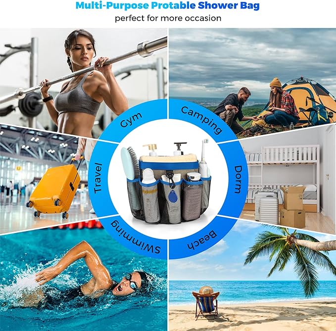 Mesh Shower Caddy Portable for College Dorm Room Essentials with 8-Pocket Large Capacity,Quick Dry Shower Bag for Bathroom, Beach,Gym