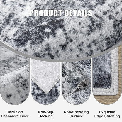 8x8 Area Rug Living Room Rug: Washable Modern Abstract Soft Thin Rug Indoor Floor No Slip Stain Resistant Carpet for Bedroom Dining Room Farmhouse Nursery Home Office - Dark Black