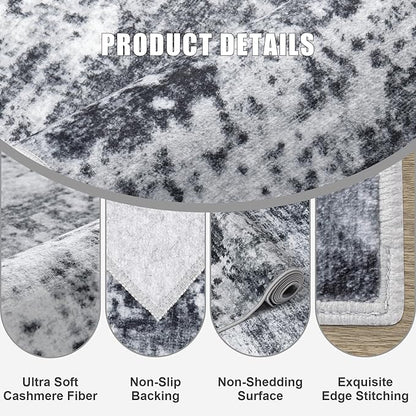 4x4 Area Rug Living Room Rug: Washable Modern Abstract Soft Thin Rug Indoor Floor No Slip Stain Resistant Carpet for Bedroom Dining Room Farmhouse Nursery Home Office - Dark Black