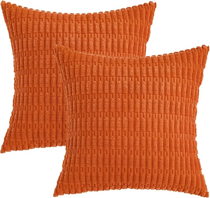 MIULEE Pack of 2 Orange Corduroy Decorative Euro Sham Pillow Covers 22x22 Inch Soft Boho Striped Throw Pillow Covers Modern Farmhouse Home Decor for Summer Sofa Living Room Couch Bed