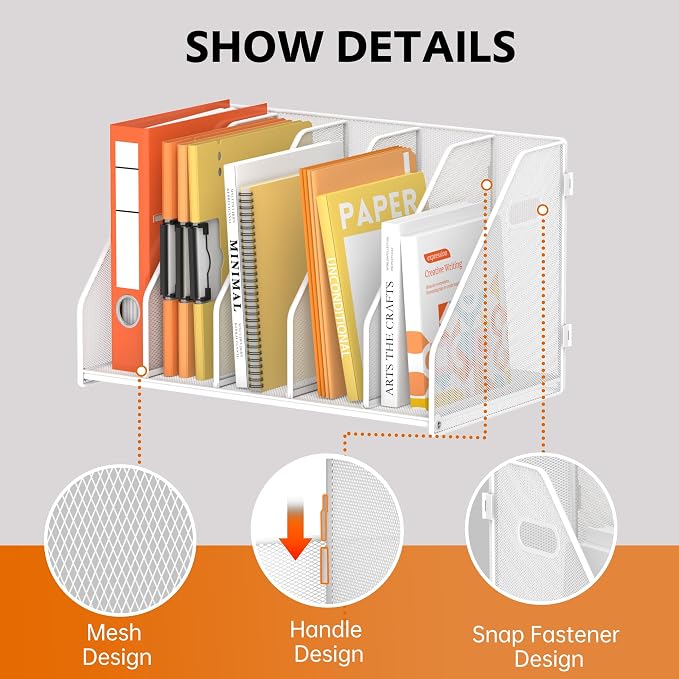 SUPEASY Binder Organizer, Magazine File Holder with 5 Vertical Compartments Rack, Metal Desk File Organizer & Binder Holders, Magazine Organizers for Office Desktop, Home, School,Classroom (White)