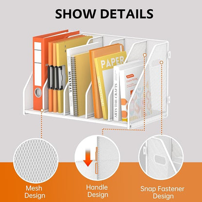 SUPEASY Binder Organizer, Magazine File Holder with 5 Vertical Compartments Rack, Metal Desk File Organizer & Binder Holders, Magazine Organizers for Office Desktop, Home, School,Classroom (White)