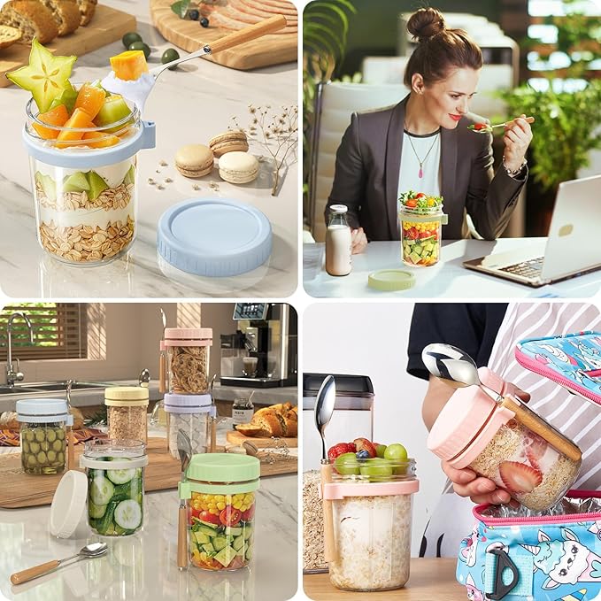 HomArtist 16oz Overnight Oats Containers with Lids and Spoons, 4 Pack Wide Mouth Mason Jars with Airtight Lids, Overnight Oats Jars for Salad, Chia Seed, Cereal, Yogurt