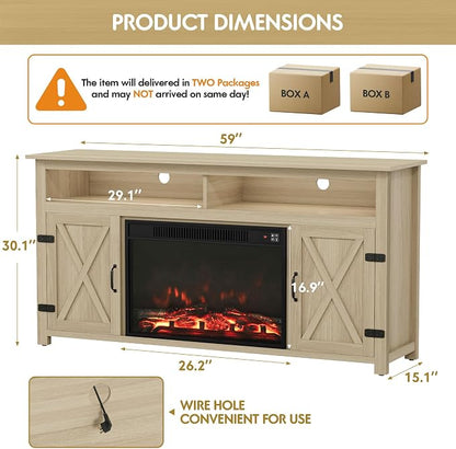 YESHOMY Fireplace TV Stand for Television up to 65+ Inch with Storage and Farmhouse Barn Doors, Entertainment Center with Cabinet and Shelves, Media Console for Living Room, Oak