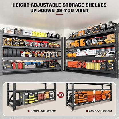 RAVIGIN 8000LBS Storage Shelves, 68" W Garage Shelving Heavy Duty Metal Adjustable Garage Shelves, Shelving Units Industrial Shelving for Warehouse, 68" W x 24" D x 63.4" H, Black