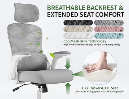 Ergonomic Office Chair - Computer Desk Chairs Comfy, Mesh High-Back Gaming Chair with Adjustable Lumbar Support, Executive Task Chair for Adults, Comfortable for Long Hours (White Grey)