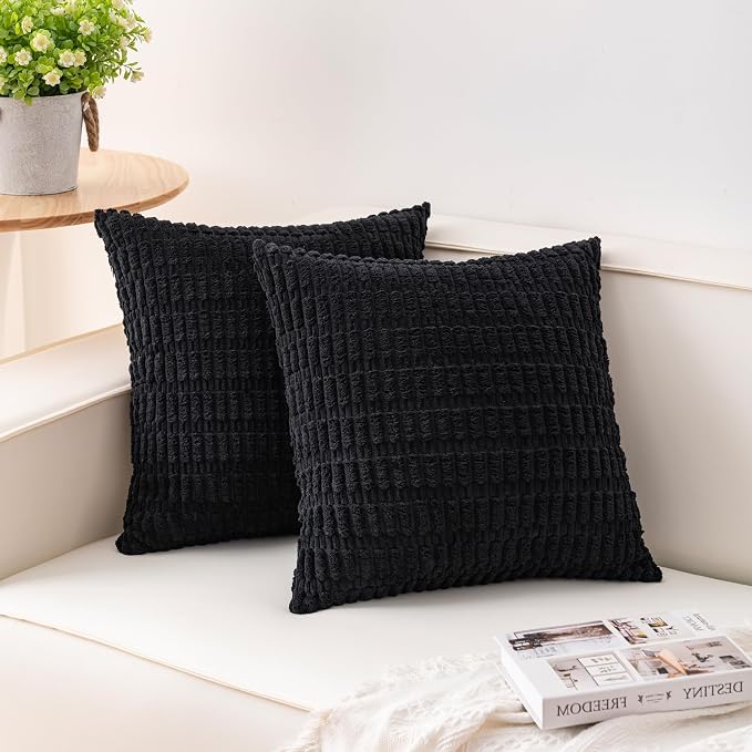 Aegero Pack of 2 Corduroy Decorative Throw Pillow Covers 20x20 InchSoft Striped Pillow Covers Modern Farmhouse Home Decor for Sofa Living Room Couch Bed（Black）
