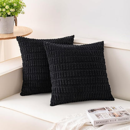 Aegero Pack of 2 Corduroy Decorative Throw Pillow Covers 20x20 InchSoft Striped Pillow Covers Modern Farmhouse Home Decor for Sofa Living Room Couch Bed（Black）