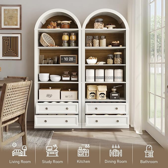 Farmhouse Arched Bookshelf, 7 Tiers Arch Bookcase with 2 Spacious Drawers, Modern Book Shelf with Open Display Shelves and Storage Cabinet, for Office, Living Room, Kitchen, Walnut and White