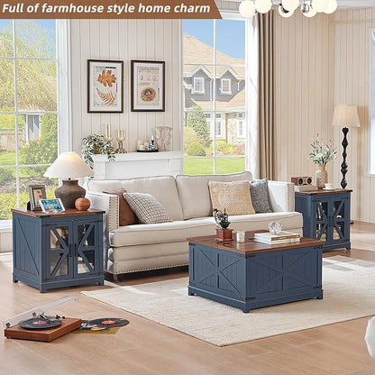 Farmhouse Coffee Table Sets 2 Pieces, Large End Side Tables with Charging Station and Coffee Table with Hidden Storage Compartment, Black Living Room Table Set, Wood Furniture Sets for Home Office