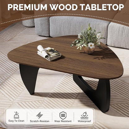 Modern Wood Coffee Table, Triangle Center Table with Premium Wooden Top& Unique Base, 35.5” Small Mid Century Tea Tables for Living Room, Apartment, Office,Walnut & Black
