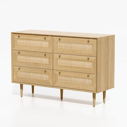 Rattan 6 Drawer Dresser, Modern Closet Dressers of Drawers with Natural Rattan, Boho Dresser Chest, TV Stand of Drawers, Wood Storage Drawer Organizer for Bedroom Living Room Entryway Hallway