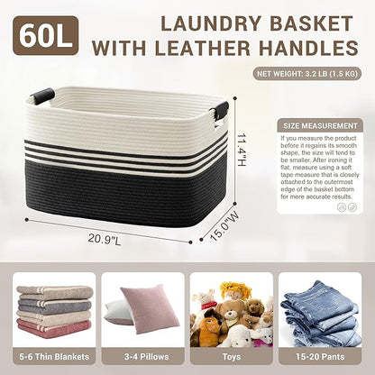 SunNewt 60L Large Laundry Basket with Leather Handles for Living Room Storage, Woven Rope Baskets Bin for Blanket, Kids Toy, Gifts, Wicker Hamper for Bedroom Dirty Clothes, 21"x15"x11" White Black