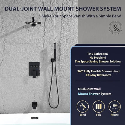 Shower System with Tub Spout, All Metal Bathtub Shower Faucet Set with High Pressure 10 Inch Rain Shower Head and Handheld Shower Head Set,Black Shower Head and Handle Set