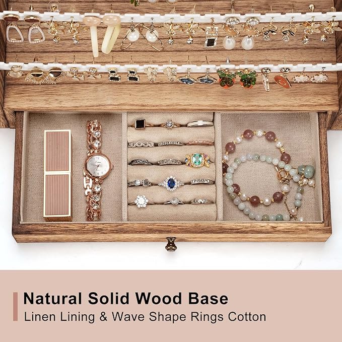 Pinzoveco Earring Organizer, 5 Layer Earring Holder Organizer with Necklace Holder Pole, Rustic Wood Jewelry Organizer Stand Display for Stud Earring Bracelet Necklace Ring, 175 Earring Holes