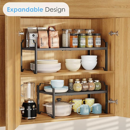 2 Pack 11” Width Expandable Kitchen Cabinet Organizer Shelves, Metal Kitchen Countertop Organizers and Storage Shelving, Heavy Duty Stackable Storage Rack Shelf For Pantry Cupboard Counter Tabletop