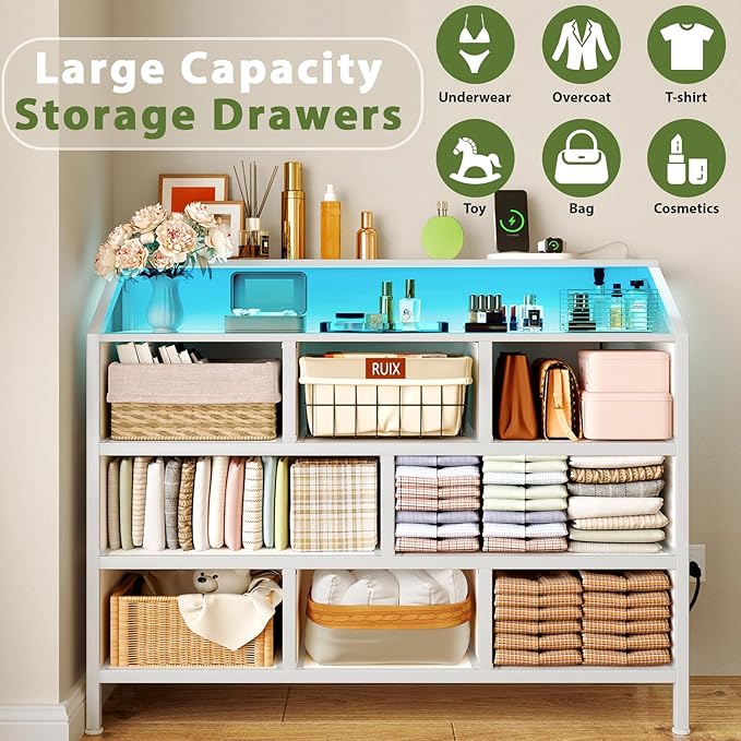 8-Drawer Fabric Dresser with Charging Station and LED Light, Modern Chest of Drawers for Bedroom, 45'' Triple-Wide Storage Cabinet for Closet, Living Room, and Entryway, Metal Handles
