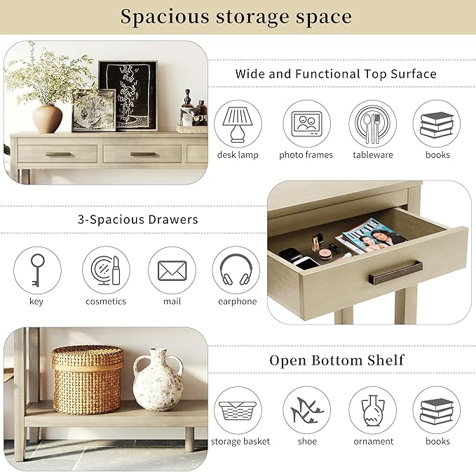 Merax Entryway Console Table with Storage, 3 Drawers Design/Wood Frame/Behind Couch & Sofa, Grey