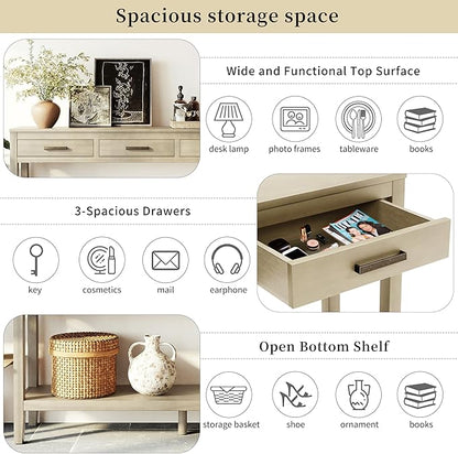Merax Entryway Console Table with Storage, 3 Drawers Design/Wood Frame/Behind Couch & Sofa, Grey