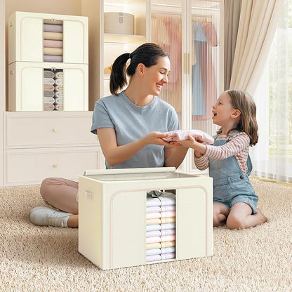 Clothes Storage Bins with Metal Frame, Foldable Clothes Organizers Storage Containers for Clothes, Sheets, Blankets, Pillows and Towels (66L, 3 Pack) Beige