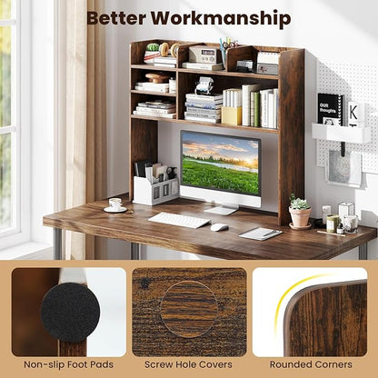 Desk Hutch, Desktop Shelf with 6 Shelves, Desk Bookshelf w/Anti-Toppling Devices, Wood Table Top Bookshelf Organizer, Small Desk Shelf for Study, Office, Dorm (Rustic Brown, 6 Shelves)