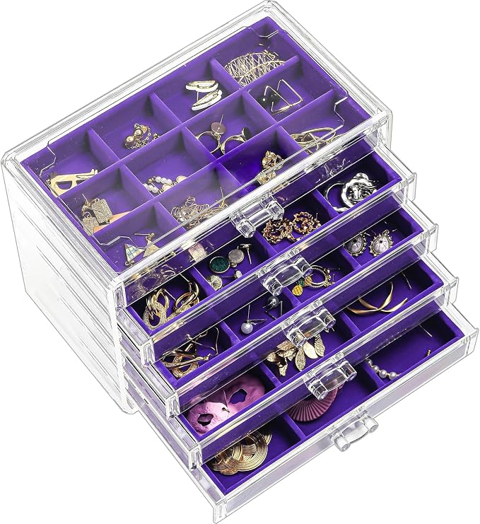 ProCase Earring Holder Organizer Jewelry Box with 5 Drawers, Acrylic Clear Earring Case with Adjustable Velvet Trays for Women - Purple, 5 Layers