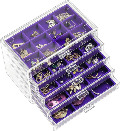 ProCase Earring Holder Organizer Jewelry Box with 5 Drawers, Acrylic Clear Earring Case with Adjustable Velvet Trays for Women - Purple, 5 Layers
