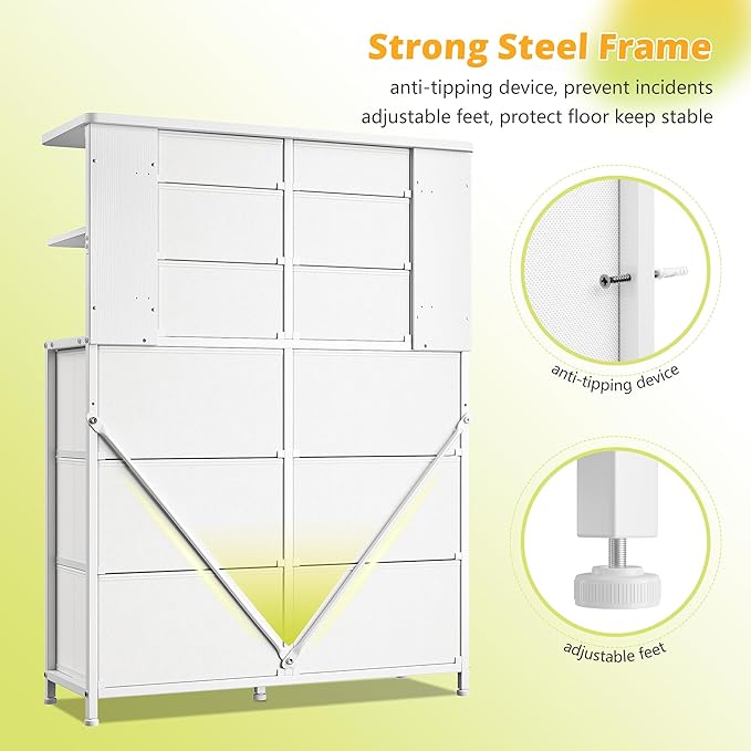 EnHomee White Dresser for Bedroom with LED Lights and 12 Drawers Dresser with 4 Open Storage Shelves, Fabric Dressers & Chests of Drawers, Metal Frame, 45.2" H x 35.4" W x 11.8" D