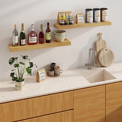 Fun Memories Floating Shelves for Wall, 36Inch Floating Shelves Set of 2, Hanging Shelf with Invisible Brackets, Bathroom Shelves for Living Room, Bedroom, Kitchen- Oak