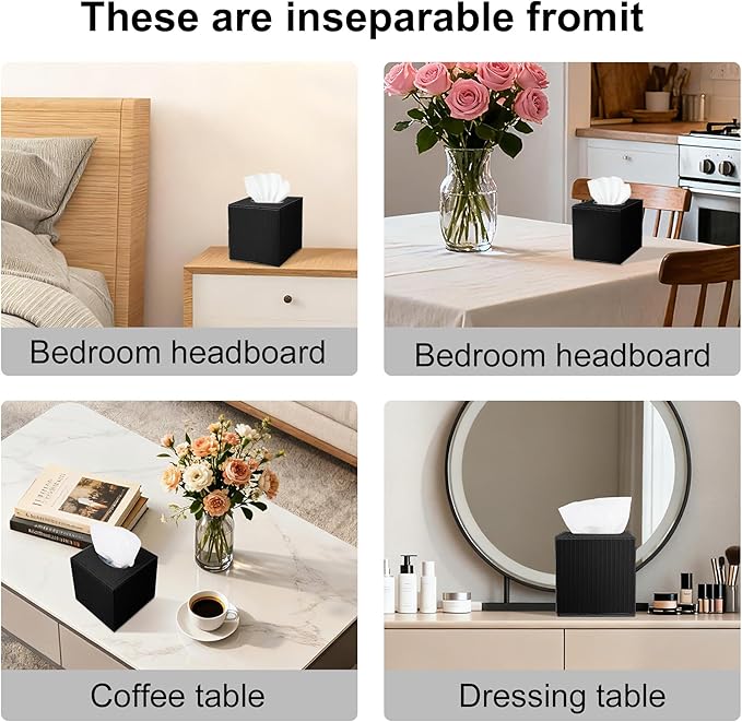 Black Square PU Leather Tissue Box Cover with Magnetic Bottom – Stylish Cube Holder for Napkins, Decorative for Bathroom, Living Room, Office, Car, Nightstand