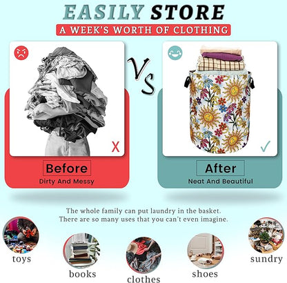 Colorful Hippie Peace Flowers Laundry Basket Foldable With Handles Tote Bag Oxford Cloth Funny Laundry Hamper Clothes Storage Bucket Toy Organizer For Bathroom/Laundry/Bedroom 18.9"x16.5 "
