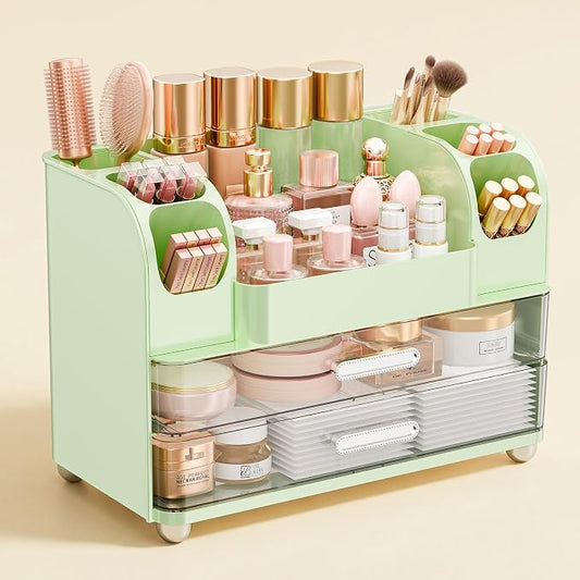 Makeup Organizer for Vanity with Brush Holder, Large Bathroom Countertop Organizer & Skincare Storage | Perfume, Cosmetics Display Case with Drawers (Green)