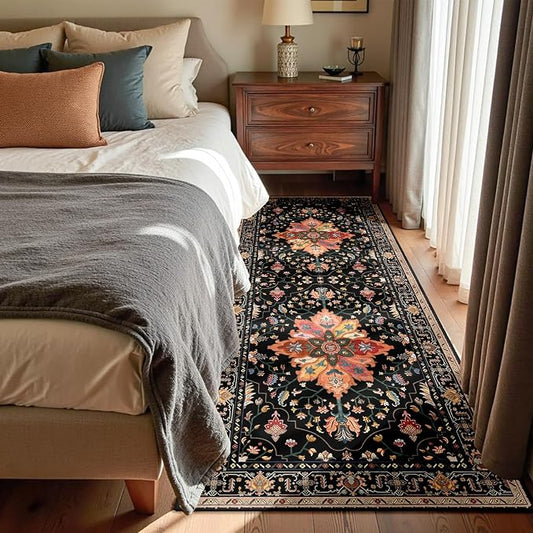 RELEANY Area Rugs Runner 3'x6' Washable Non-Slip, Floral Vintage Distress Medallion Carpet for Kitchen Hallway Bedroom Beside Laundry Room Bathroom, Black Colorful Floral Dark Tan