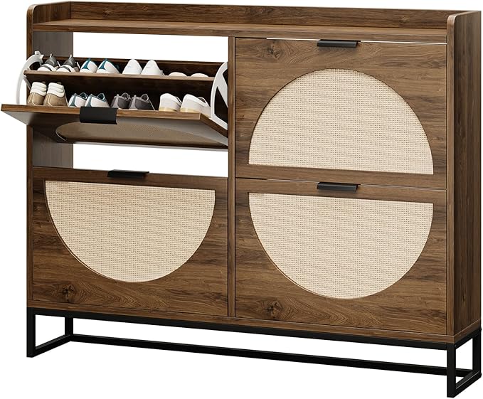 Shoe Storage Cabinet for Entryway Wooden Rattan Shoe Cabinet with 4 Flip Drawers Long Hidden Shoes Cabinet Storage with Metal Legs Narrow Shoe Rack Cabinet Shoes Organizer Cabinet for Hallway Oak
