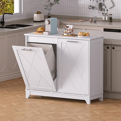 Double Tilt Out Trash Can Cabinet with Charging Station, Negative Ion Odor Control, Hidden Dual 10-Gallon Recycling Cabinet, Dog Proof Garbage Can for Kitchen, Laundry, Dining Room,White