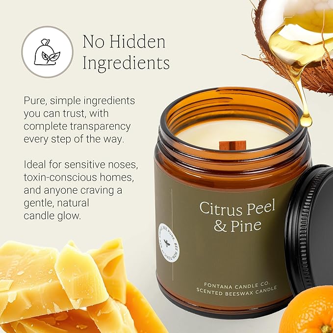 Fontana Candle Co Wood Wick Beeswax Jar Candles, Citrus Peel & Pine - Made with Coconut Oil & Pure Essential Oils – Clean Burn, Long Lasting and Non-Toxic Candles for Home & Room Decor