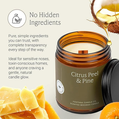 Fontana Candle Co Wood Wick Beeswax Jar Candles, Citrus Peel & Pine - Made with Coconut Oil & Pure Essential Oils – Clean Burn, Long Lasting and Non-Toxic Candles for Home & Room Decor