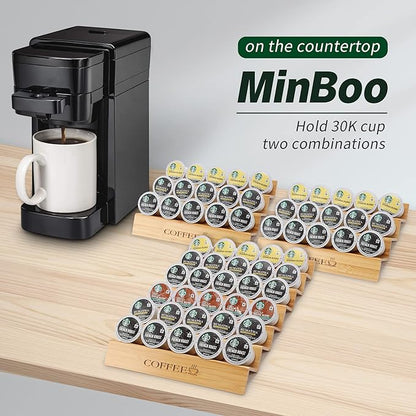MinBoo Bamboo 2-Piece Step-Shaped K-Cup Holder Drawer or Countertop Organizer for Coffee Station - Holds 30 Coffee Pods