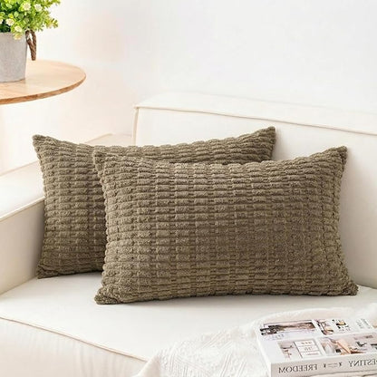 Aegero Pack of 2 Corduroy Decorative Throw Pillow Covers 12x24 Inch Soft Striped Pillow Covers Modern Farmhouse Home Decor for Sofa Living Room Couch Bed（Green）