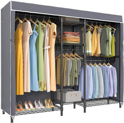 VIPEK Classic V6C Heavy Duty Covered Clothes Rack Portable Wardrobe Closet, 5 Tiers Wire Garment Rack Black Metal Clothing Rack with Grey Oxford Cover, 70.1" L x 17.3" W x 76.4" H, Max Load 870 LBS