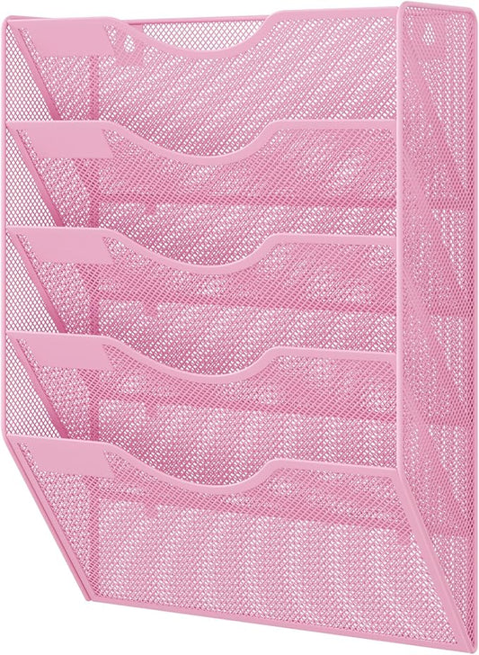 EasyPAG Wall File Organizer 5 Tier Hanging Paper Folder Holder, Zero Assembly Metal Mesh Wall Mounted Mail Organizer for Office Home Classroom Narrow Spaces, Pink