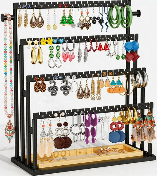 Earring Holder Organizer, 4-Tier Metal Jewelry Display Stand with Wooden Storage Organizer, Large Earring Holder for Studs, Hoops, and Dangles, Modern Jewelry Organizer for Women