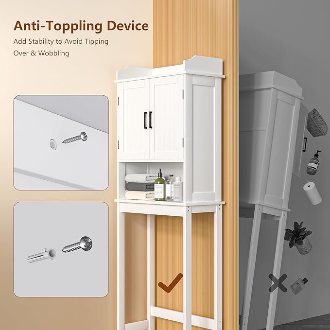 VEIKOU Over The Toilet Storage Cabinet, Bathroom Cabinet, Freestanding Over The Toilet Storage/Adjustable Shelf Rack, White