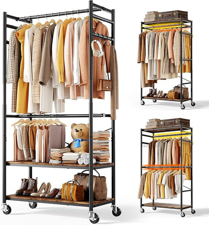 HOKEEPER Heavy Duty Rolling Garment Rack, Wood & Metal Clothing Rack with Shelves, Adjustable Height Freestanding Wardrobe for Bedroom, Freestanding Closet Organizer, Max Load 450 LBS