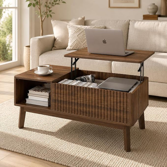 Fluted Lift Top Coffee Table with Storage Shelf and Hidden Compartment, Mid Century Modern Wooden Center Table for Living Room, Home Office, Walnut