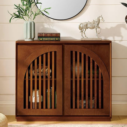 LKTART Arch Doors Sideboard Buffet Storage Cabinet,Mid Century Modern Storage Cabinet with Shelves,Wood Coffee Bar for Living Room, Kitchen, Hallway-Brown