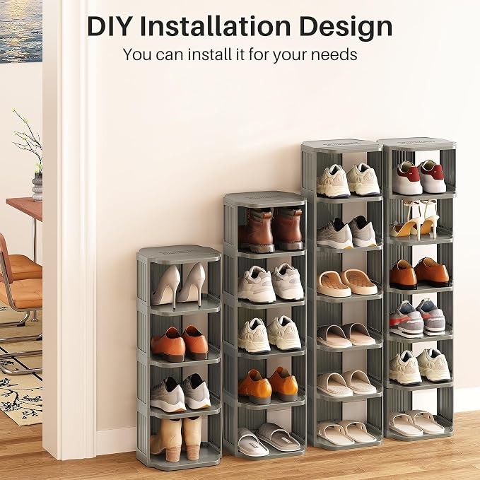 Kitstorack 10-Tier Vertical Plastic Shoe Rack, Freestanding Stackable Shoe Storage Organizer Cubes Shoe Shelf Tower or Small Closets and Tight Spaces, Gray