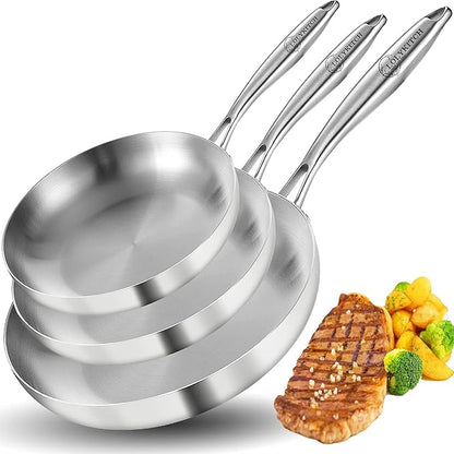 LOLYKITCH 8+10+12 Inch Tri-Ply Stainless Steel Frying Pan Set– Professional Skillet Fast & Even Heating, Induction & Oven Safe Cookware for Modern Home Kitchens, Detachable Handle